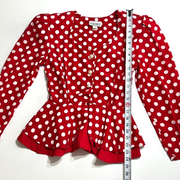 Vtg 80s MENU Polka Dot Peplum Blouse Puff Sleeves Sweetheart Red White Office - Picture 11 of 13